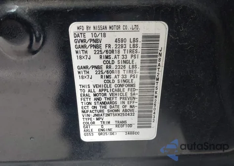 2019 Nissan Rogue Sv из США, поврежденный, VIN JN8AT2MT5KW250432